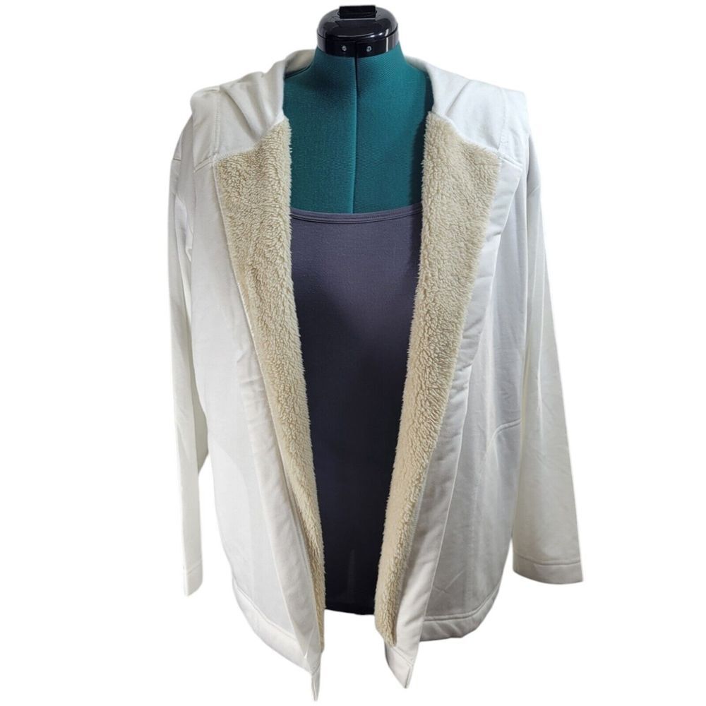 Eddie Bauer NWT Faux Shearling Fleece Open Front Cardigan Womens Sz Large Ivory‎